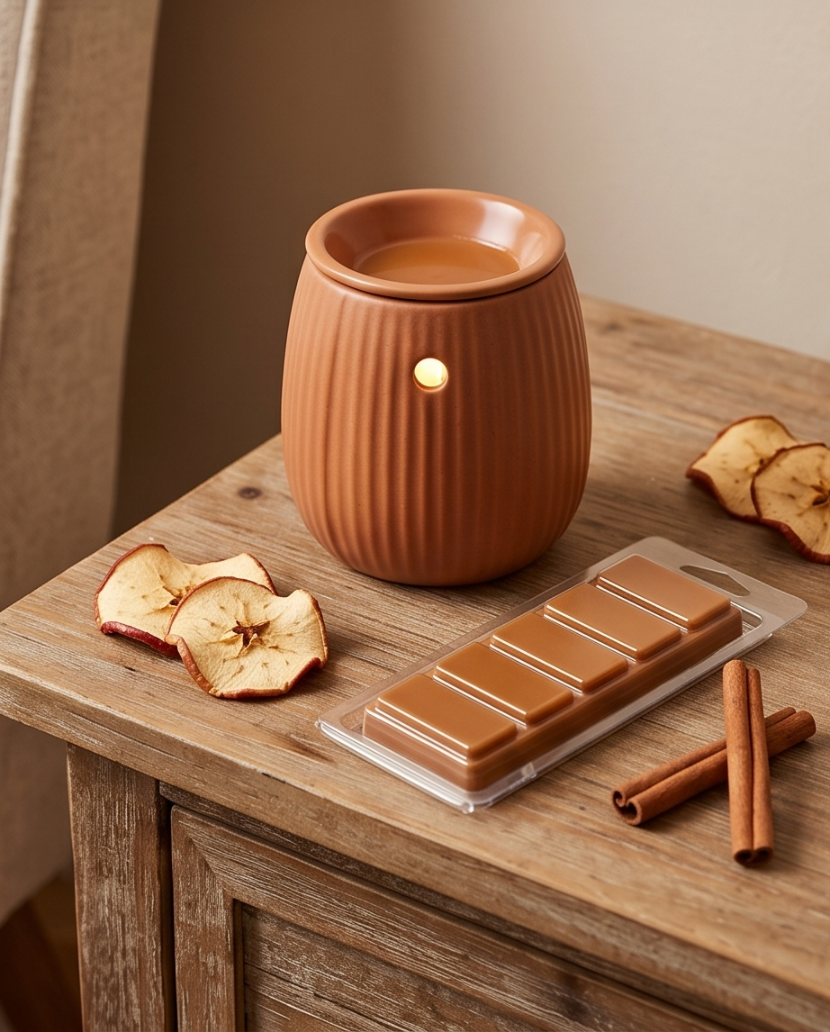 Terracotta-colored wax warmer with a lit candle on a wooden surface with dried apples and cinnamon sticks.
