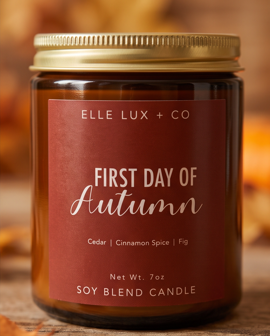 Close-up of the First Day of Autumn candle by Elle Lux + Co., showcasing the warm autumn-inspired label and amber glass jar with a gold lid.