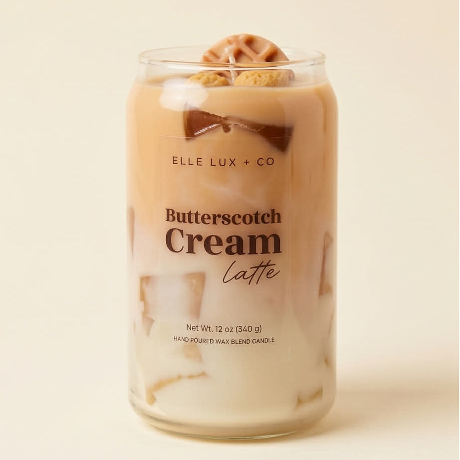Butterscotch cream latte candle with iced coffee design and creamy topping, 12 oz soy blend candle