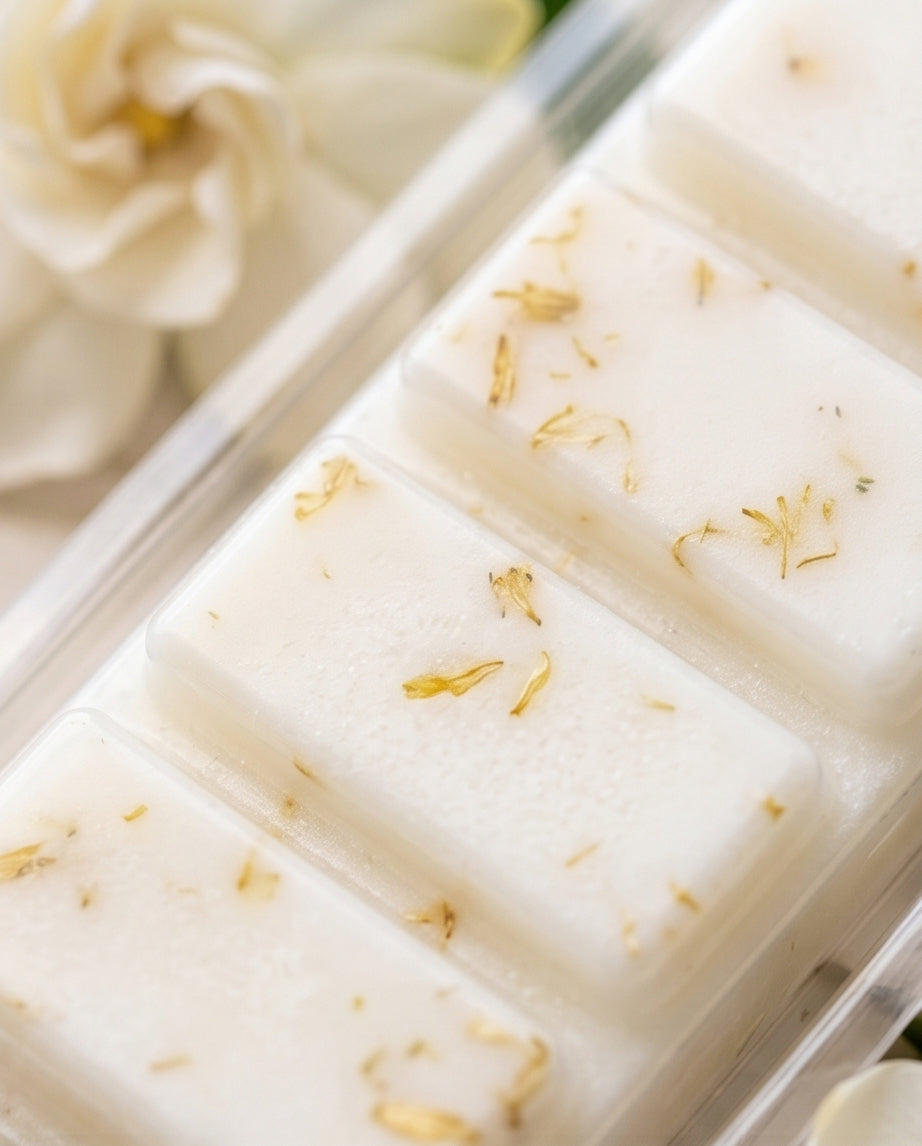 White wax melt bars with gold florals in a clear container, with white flowers in the background.