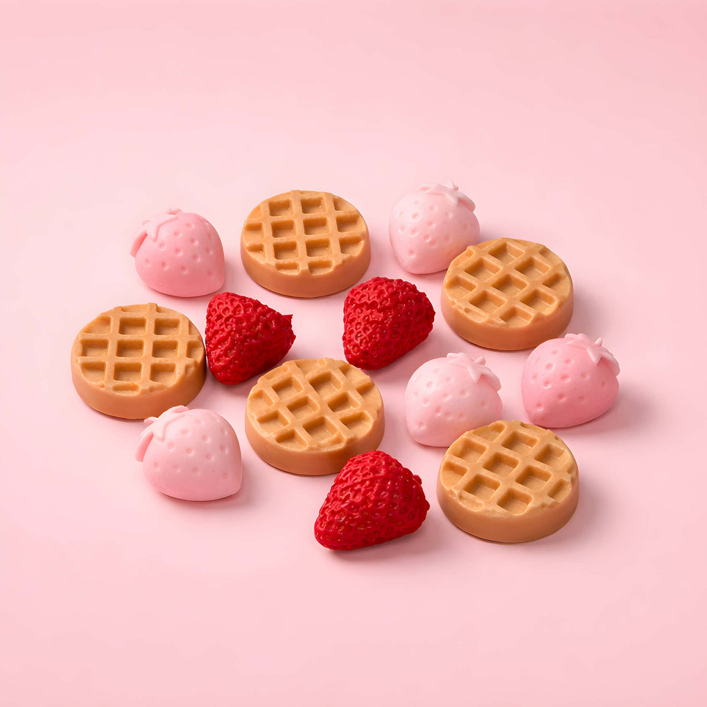 Strawberries and waffles wax melts shaped like waffles with sweet fruity bakery scent