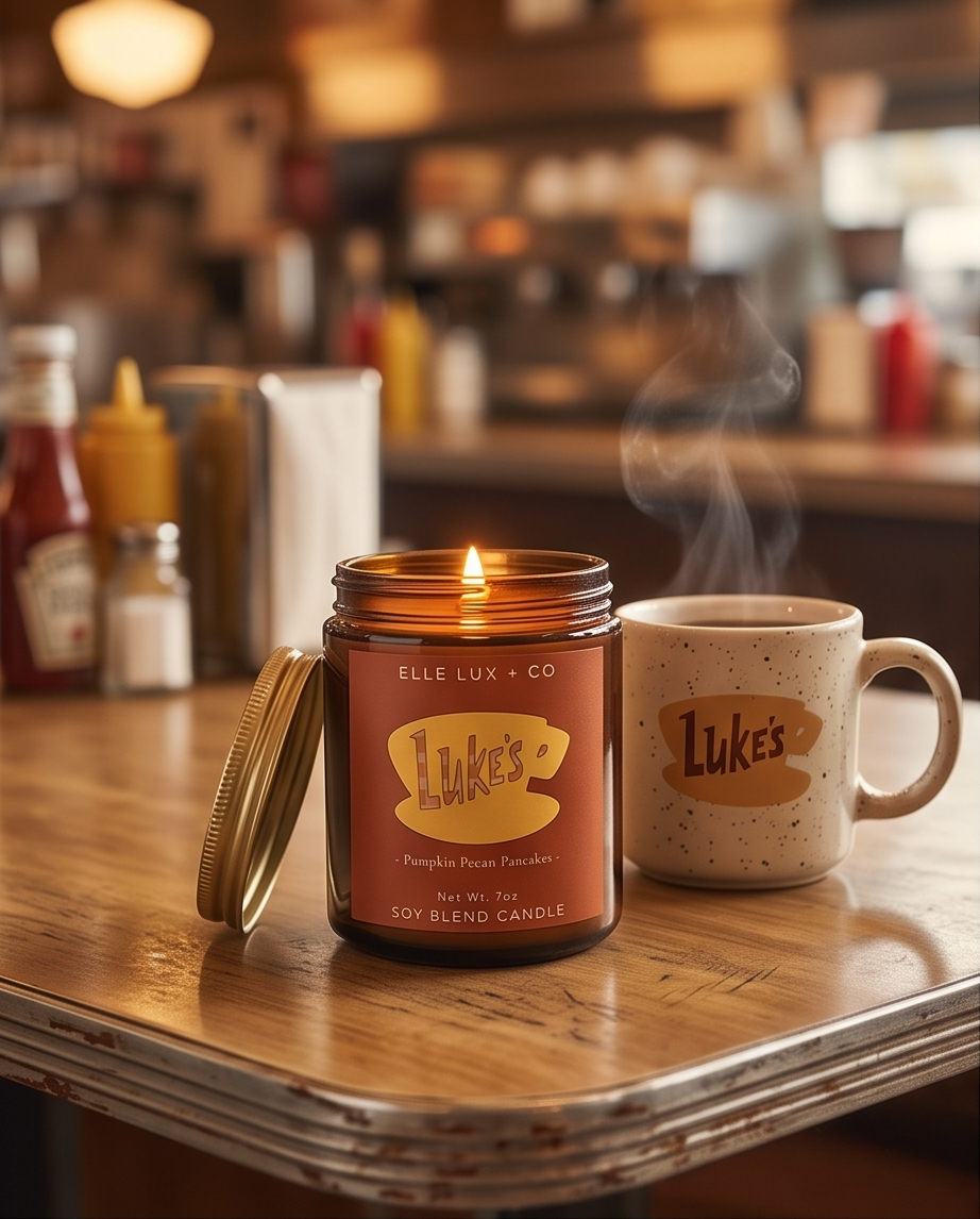 A lit amber glass jar candle with a gold lid leaning beside it on a wooden table. The background shows a softly blurred warm-toned cafe interior with bottles and lights.