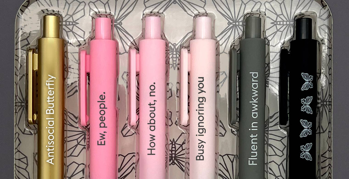 Antisocial Butterfly Pen Set | Funny Aesthetic Gel Pens | Introvert Gift