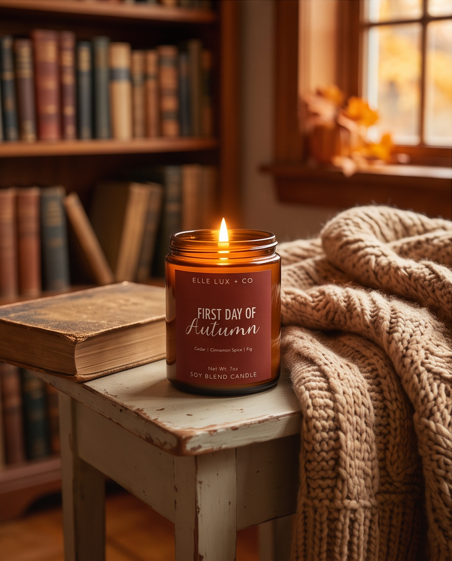 First Day of Autumn 7 oz candle in an amber jar with a warm reddish-brown label, featuring cedar, cinnamon spice, and fig scent notes.