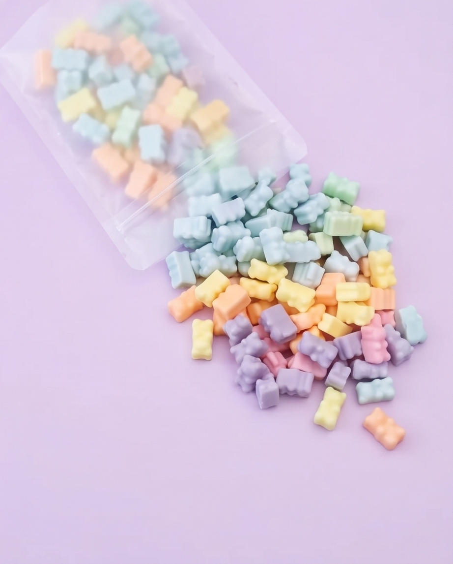 Pastel-colored gummy bear wax melts spilling out of a clear plastic bag on a light purple background