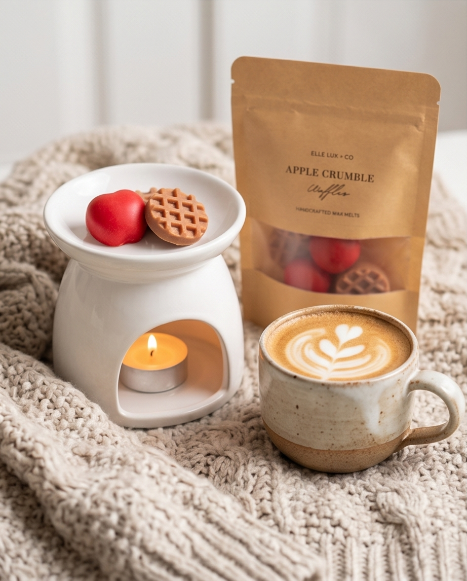 Handcrafted apple cinnamon wax melts with maple waffle fragrance in cozy fall aesthetic