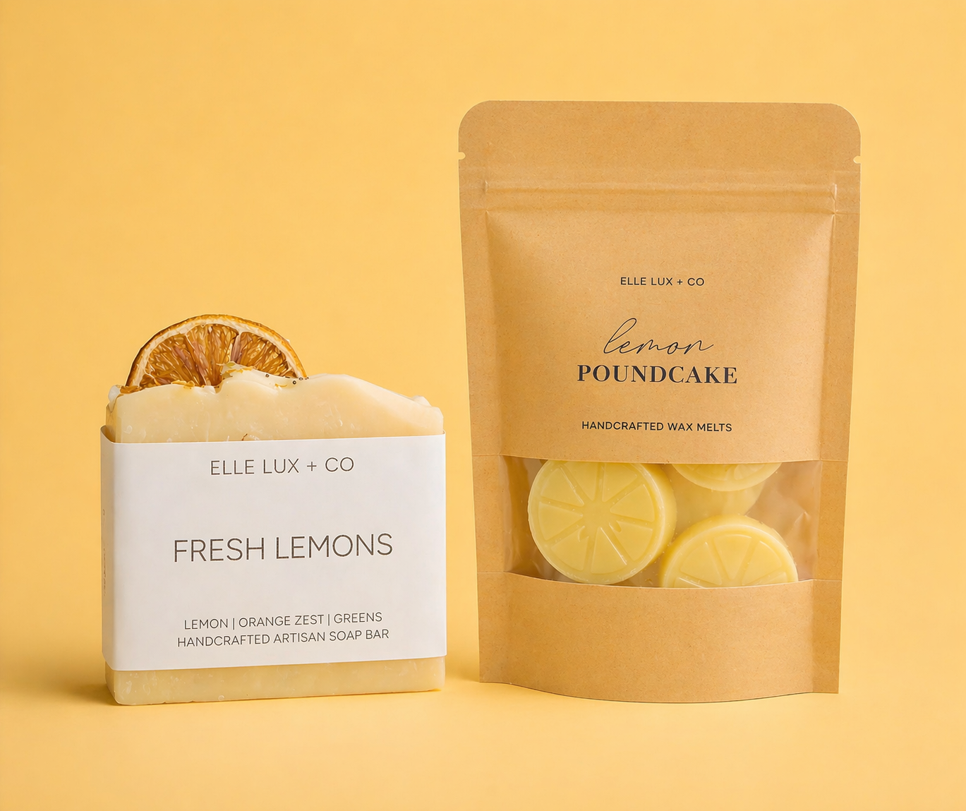 Shea butter bar and wax melts packaging with lemon theme on a yellow background
