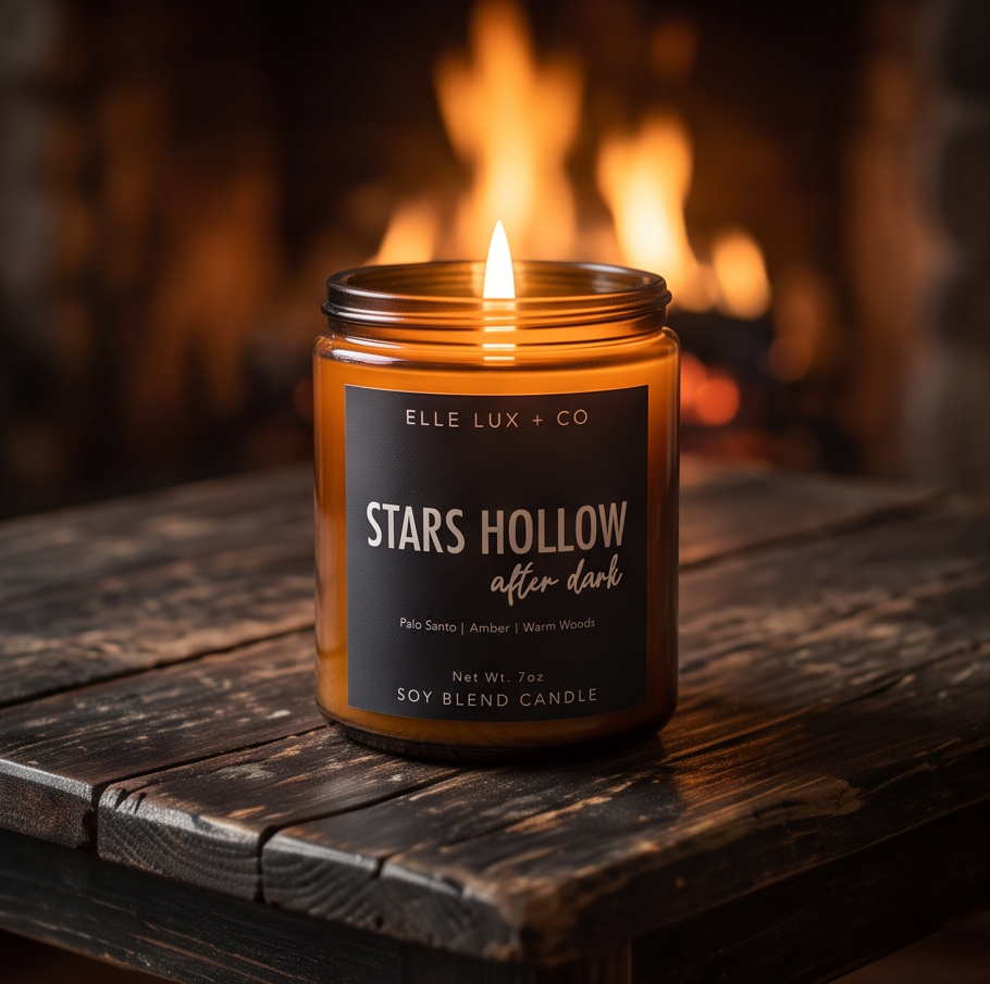 Stars Hollow After Dark 7 oz soy-blend candle with palo santo, amber and warm woods, inspired by Gilmore Girls