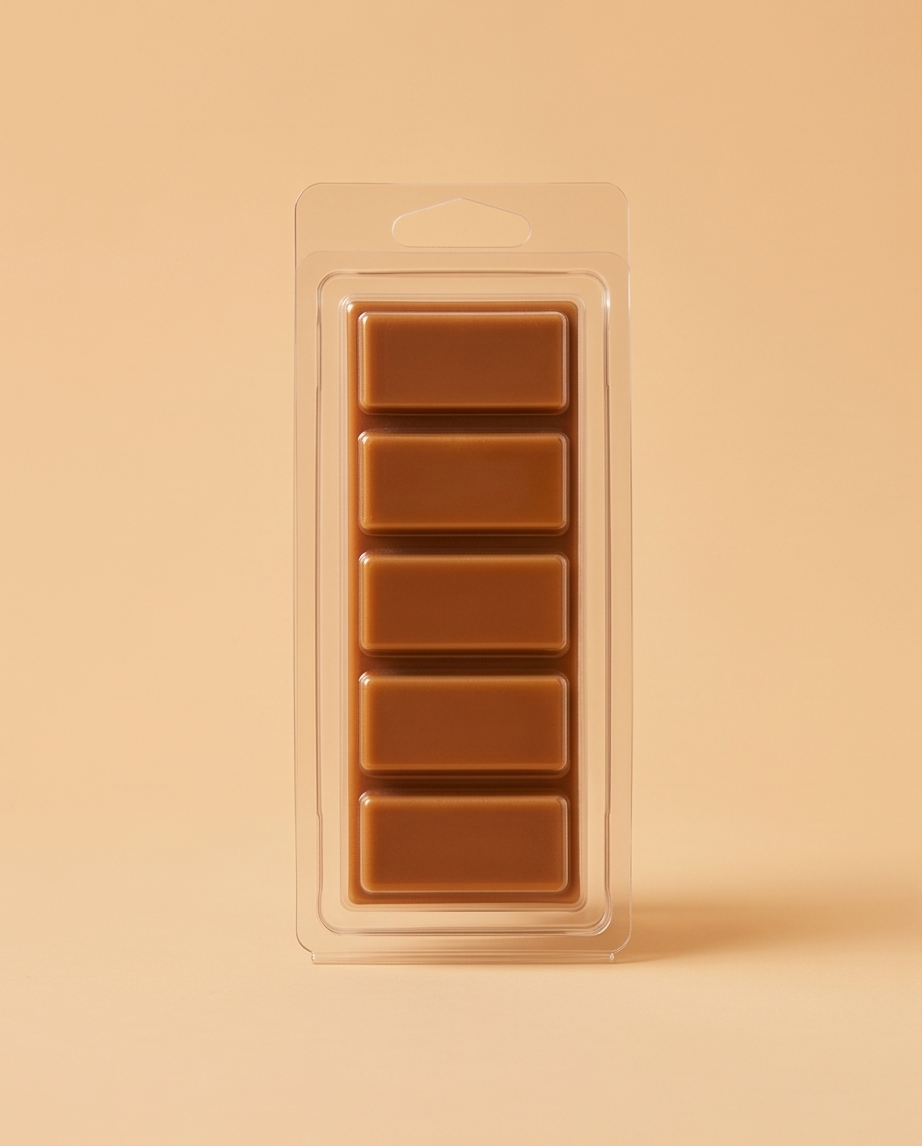 Pack of four brown chocolate bars in clear packaging on a beige background