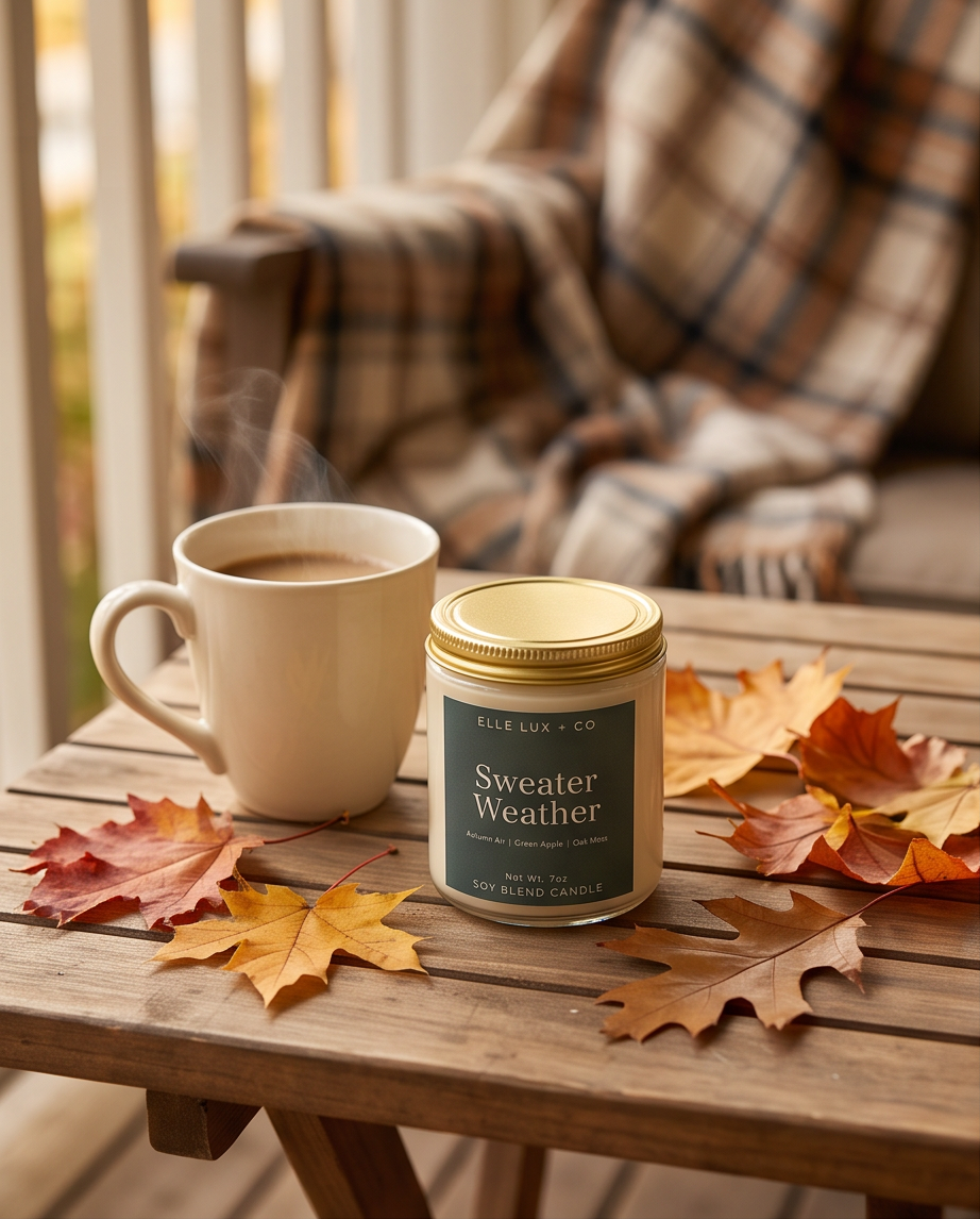 A jar candle labeled 'Sweater Weather' by Elle Lux + Co sits on a wooden table next to a steaming mug, with autumn leaves scattered around and a plaid blanket draped in the background.