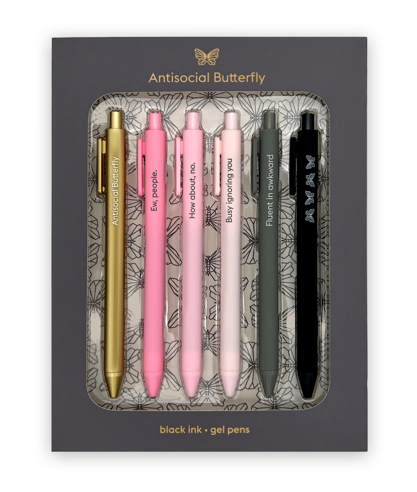 Antisocial Butterfly Pen Set | Funny Aesthetic Gel Pens | Introvert Gift