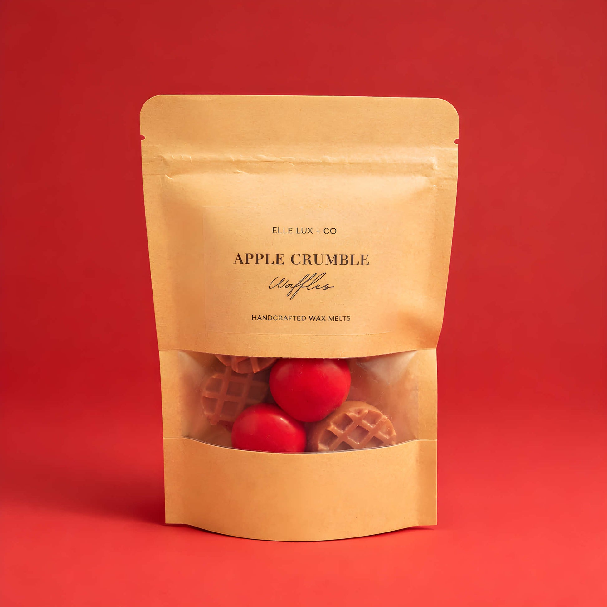 Apple crumble waffle wax melts in waffle shapes with spiced apple bakery scent on neutral background