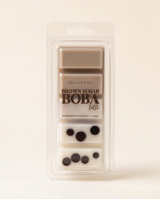 Wax melts in packaging labeled 'Brown Sugar Boba Latte' on a white background
