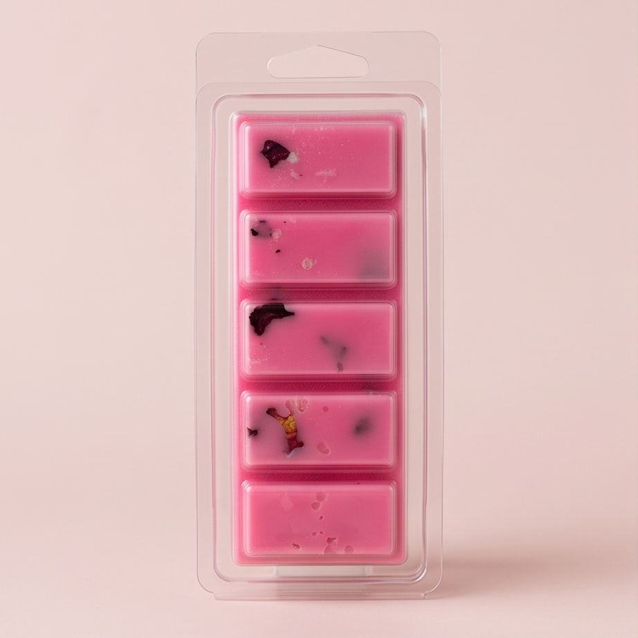 Pink wax melts in a packaging tray on a pink background