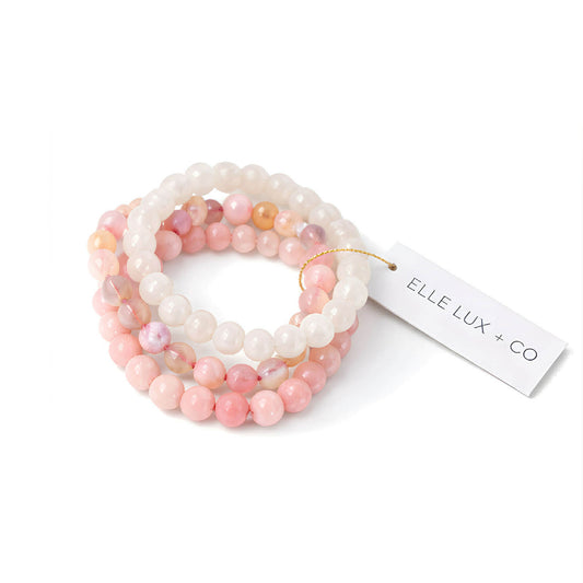 Bloom Bracelet Set – White Quartz, Pink Opal & Flower Agate