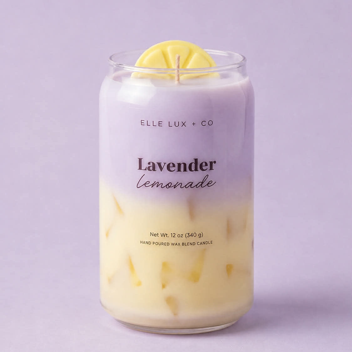 Lavender lemonade candle with layered drink design and lemon slice detail, 12 oz soy blend candle