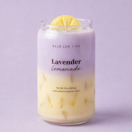 Lavender lemonade candle with layered drink design and lemon slice detail, 12 oz soy blend candle