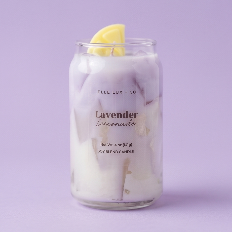 Mini lavender lemonade candle with layered drink design and lemon detail, 4 oz soy blend candle