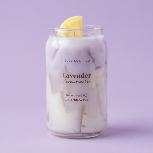 Mini lavender lemonade candle with layered drink design and lemon detail, 4 oz soy blend candle