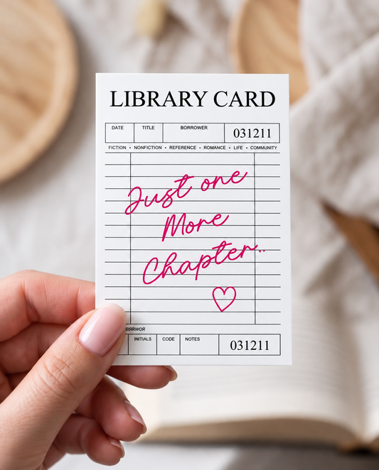 Just One More Chapter 2x3 bookish vinyl sticker featuring a vintage library card design with pink handwritten lettering