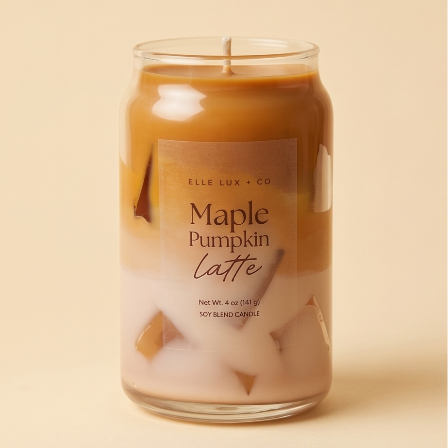Mini maple pumpkin latte candle with layered drink design, 4 oz soy blend candle