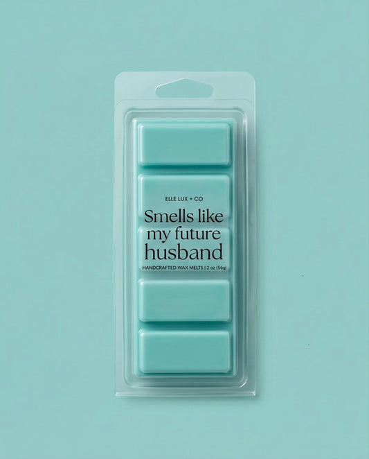 Pack of teal wax melts with humorous text on a light blue background