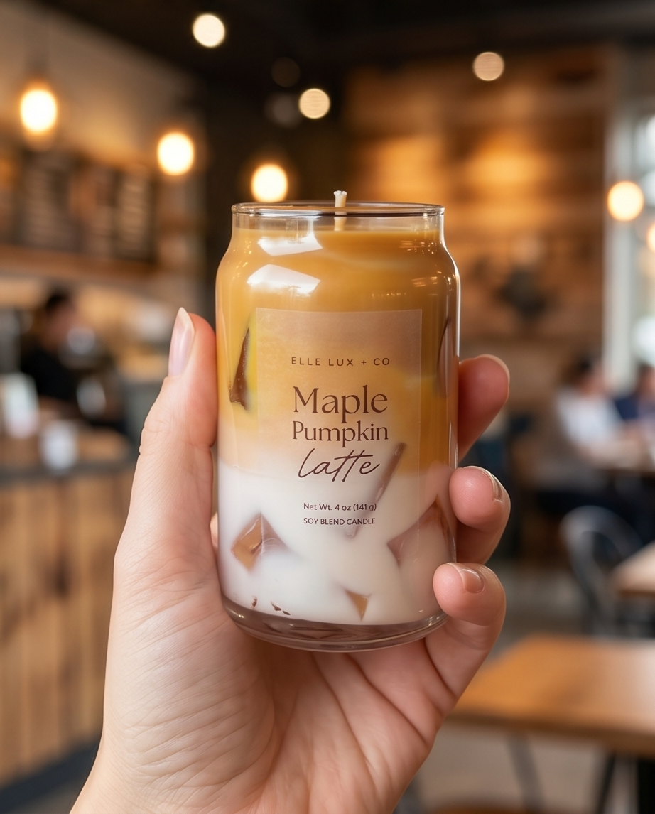 Small maple pumpkin latte candle held in hand in coffee shop setting, cozy fall candle
