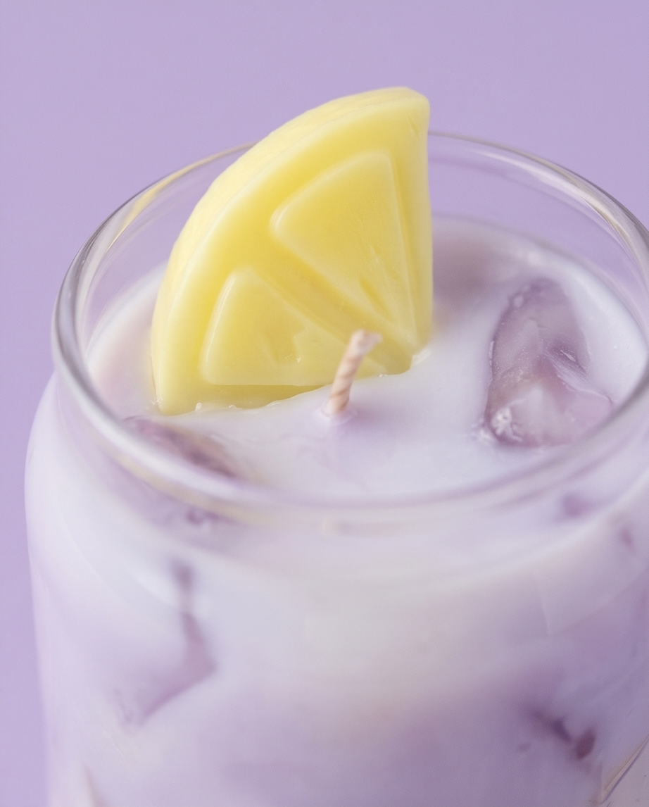 Close up of mini lavender lemonade candle with soft purple wax and citrus layers, 4 oz handmade soy blend candle