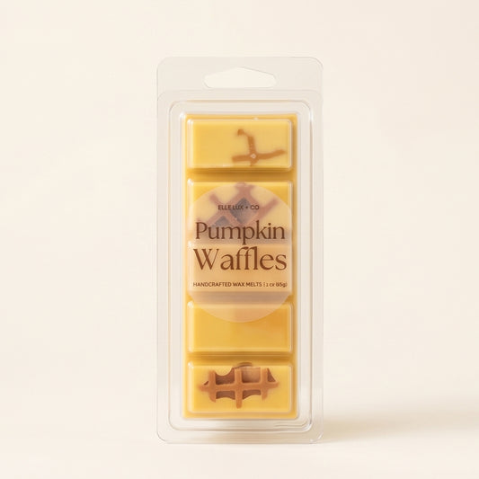 Pack of pumpkin waffles wax melts in clear packaging on a white background