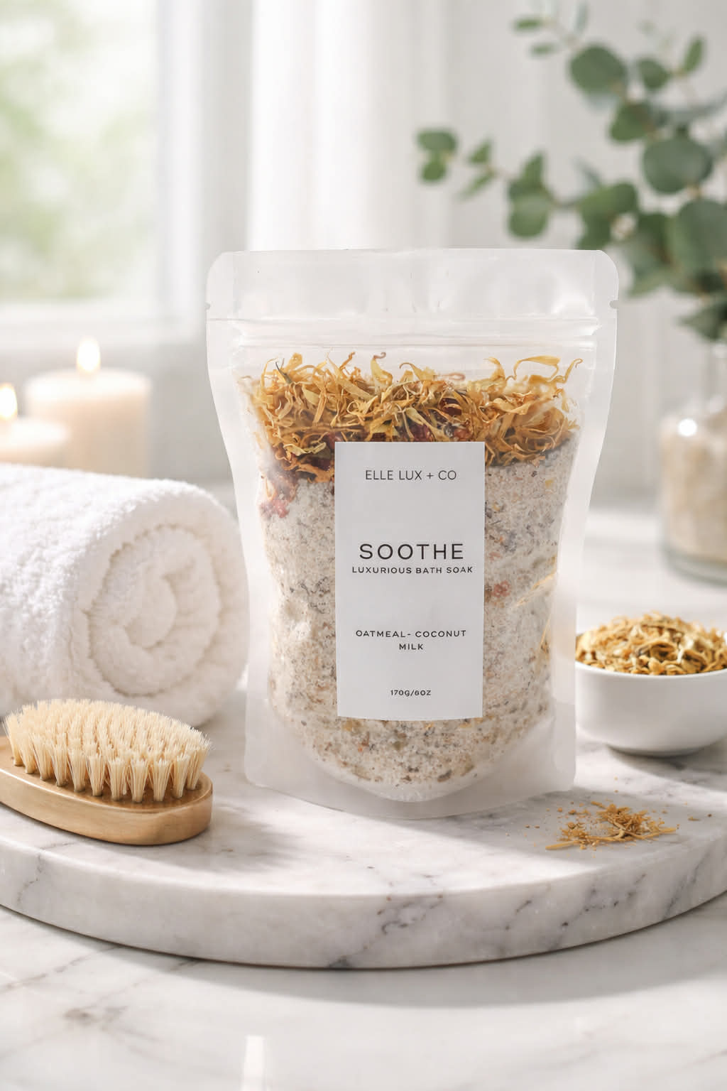 Packaged bath soak with a label on a marble surface with a blurred background