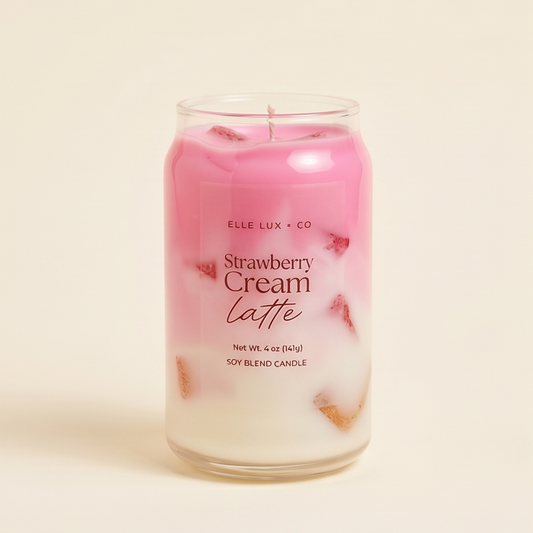 Mini strawberry cream latte candle with layered drink design and creamy topping, 4 oz soy blend candle