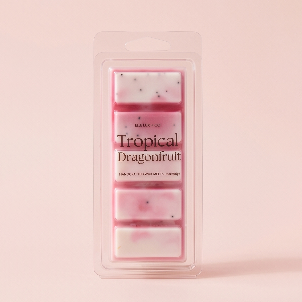 Tropical dragonfruit wax melt bar with poppy seeds and fruity citrus scent, 2 oz handmade soy blend wax melts